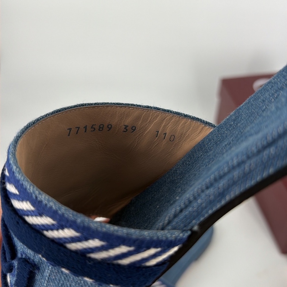 Gucci 39 Denim Jean Jane Logo Blue Stripe Slides Sandals E947 - Picture 8 of 14